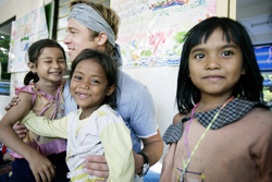 Brad Pitt and children from the MCCC during his visit with Angelina Jolie in November 2006. Photo by Brint Stirnton, Getty Images.